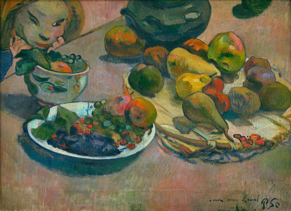 Paul Gauguin, Nature morte aux fruits (Kunst,Obst,Nahrungsmittel,Stillleben,Französische Kunst,Birne,Weintraube,Synthetismus,Schule Von Pont-Aven)