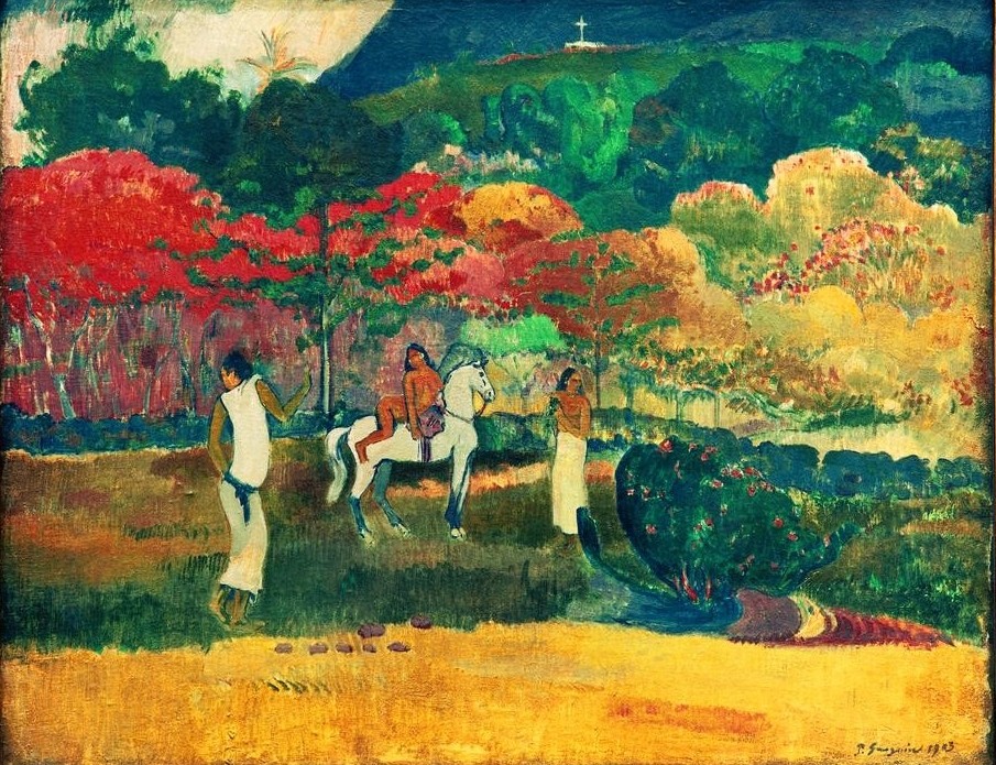Paul Gauguin, Frauen mit weißem Pferd (Landschaft,Pferd (Tier),Völkerkunde,Naturvölker,Französische Kunst,Reiten,Ureinwohner,Synthetismus,Schimmel (Pferd),Land Und Leute)