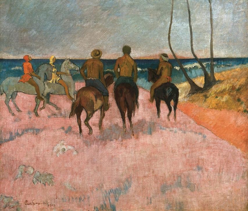 Paul Gauguin, Reiter am Strand (Insel,Küste,Kunst,Landschaft,Mann,Mensch,Pferd (Tier),Strand,Völkerkunde,Meer,Reiter,Naturvölker,Rückenfigur,Französische Kunst,Tier,Reiten,Jahrhundertwende,Ureinwohner,Synthetismus,Land Und Leute,Signatur)