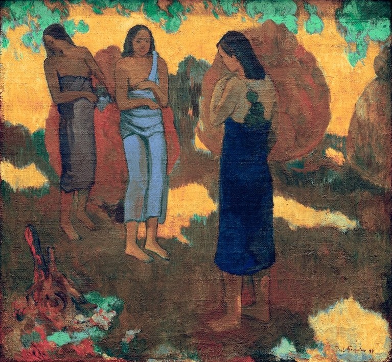 Paul Gauguin, Drei Tahitianerinnen vor gelbem Grund (Völkerkunde,Naturvölker,Französische Kunst,Ureinwohner,Ureinwohnerin,Synthetismus,Land Und Leute)