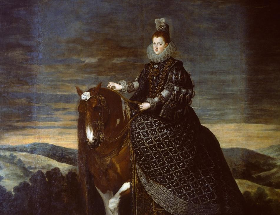 Diego Rodriguez de Silva y Velasquez, Reiterbildnis Margarete von Österreich (Damenmode,Frau,Geschichte,Königin,Kunst,Mode,Barock,Portrait,Habsburger,Spanische Kunst,Halskrause,Kragen,Reiterbildnis,Person,Radkragen,Ausschnitt)