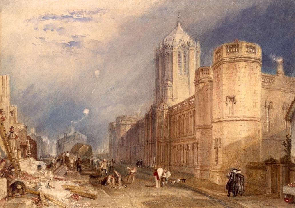 JOSEPH MALLORD WILLIAM TURNER, Christ Church College, Oxford (Architektur,Geographie,Kunst,Strassenszene,Teilansicht,Universität,Talar,Vedute,Englische Kunst,Bauarbeiten,Aussenansicht,Romantik,Topographie,College)