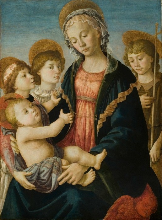 Sandro Botticelli, Maria mit Kind, dem Johannesknaben und zwei Engeln (Christentum,Engel,Florentinische Kunst,Religion,Toskanische Kunst,Renaissance,Maria Mit Kind,Italienische Kunst,Jesusknabe,Nach Der Restaurierung,Frührenaissance)