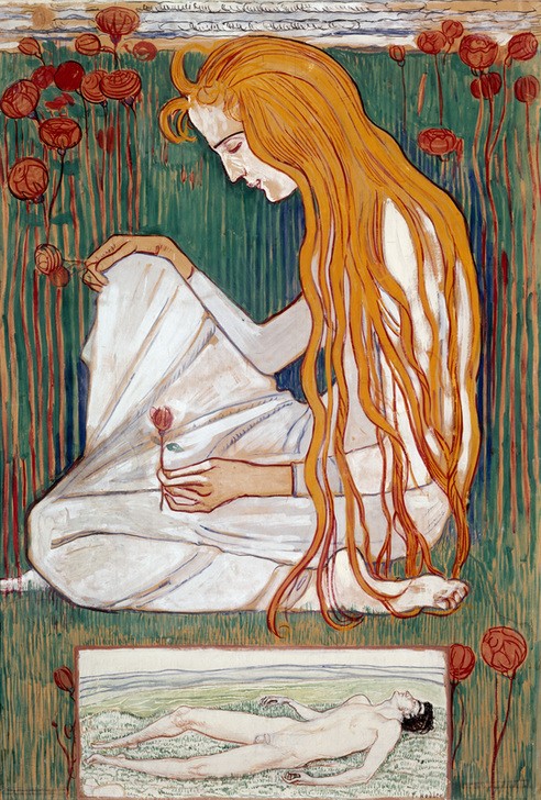 Ferdinand Hodler, Der Traum (Jugendstil,Lebensalter,Liebe,Liebespaar,Mensch,Sehnsucht (Gefühl),Symbolismus,Akt,Allegorie,Libido,Jungfrau,Jüngling,Liebestraum,Schweizerische Kunst,Pubertät,Pantheismus,Langes Haar,Einseitige Liebe,Blume,Erste Liebe,Junge Frau,Knien)