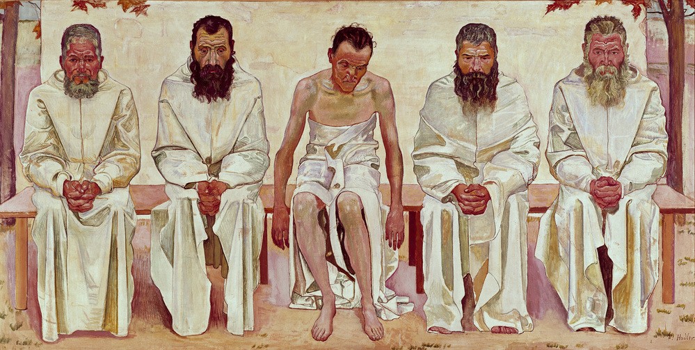 Ferdinand Hodler, Die Lebensmüden (Altersheim,Gruppenbild,Jugendstil,Kunst,Lebensalter,Mann,Psychologie,Symbolismus,Greis,Depression,Resignation,Schweizerische Kunst,Lebensabend,Isolation,Alter Mann,Sitzen,Händefalten,Geriatrie,Geistes- Und Gemütskrankheiten)
