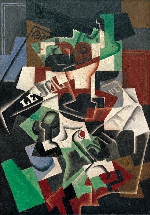 Juan Gris, Compotier, pipe et journal (Stillleben, Pfeife, Zeitung, Obstschalte,  Kubismus,  Klassische Moderne, Malerei, Wohnzimmer, Esszimmer, Wunschgröße, bunt)