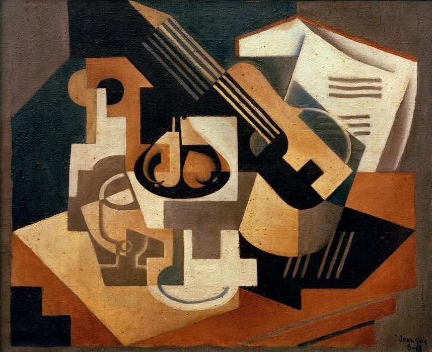 Juan Gris, Gitarre und Obstschale (Stillleben, Gitarre, Buch, Instrument, Tisch, Wunschgröße, Kubismus, Klassische Moderne, Malerei, Wohnzimmer, bunt)