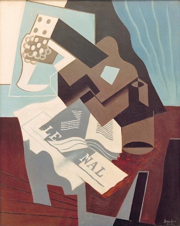 Juan Gris, Guitare, livre et journal (Stillleben, Gitarre, Buch, Instrument, Zeitung, Tisch, Wunschgröße, Kubismus, Klassische Moderne, Malerei, Wohnzimmer, bunt)