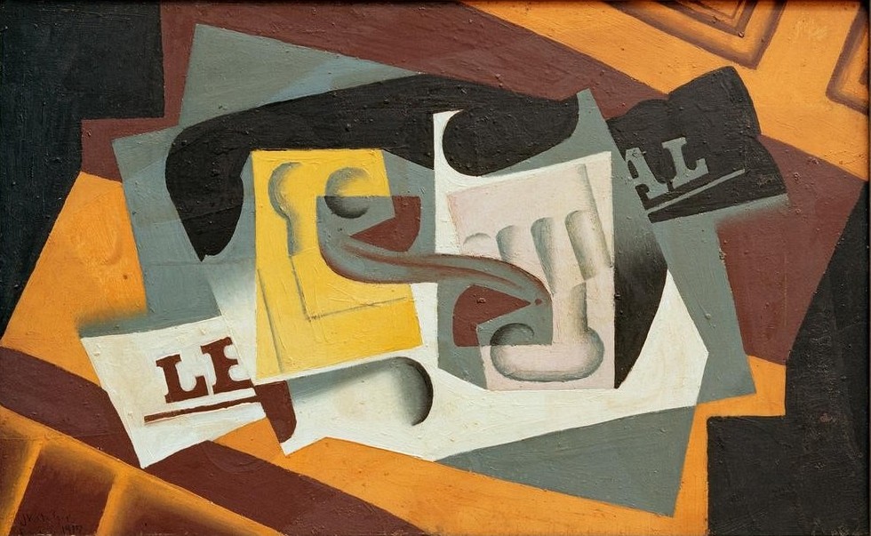 Juan Gris, Verre et journal (Stillleben, Glas, Zeitung, Tisch, Wunschgröße, Kubismus, Klassische Moderne, Malerei, Wohnzimmer, bunt)