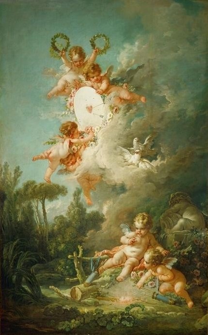 Francois Boucher, La cible d’Amour (Liebe,Mythologie,Pfeil,Rokoko,Allegorie,Putto,Herz,Götterliebschaften,Köcher,Französische Kunst,Genius,Amorette,Griechisch-Römische Mythologie,Schützenscheibe)