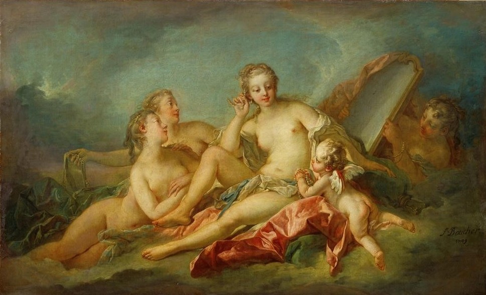 Francois Boucher, La toilette de Venus (Körperpflege,Bad Im Freien,Bad,Frau,Mädchen,Mythologie,Schmuck,Spiegel,Perle,Akt,Rokoko,Putto,Portrait,Perlenkette,Französische Kunst,Genius,Im Freien (Allgemein),Göttin,Kopf,Griechisch-Römische Mythologie)