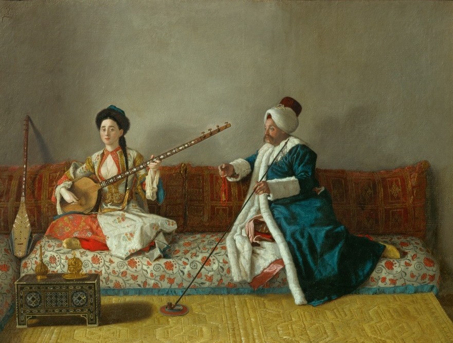 Jean-Étienne Liotard, M. Levett et Mlle. Hélène Glavany en costume turc (Kopfbedeckung,Mandoline,Mode,Möbel,Musik,Saiteninstrument,Schauspieler,Theater,Tracht,Völkerkunde,Zimmermann,Pfeife (Tabak),Rauchen,Instrument,Klassizismus,Turban,Orientalismus,Französische Kunst,Schweizerische Kunst,Paar,Kleidung (Allgemein),Tischler,Sit)