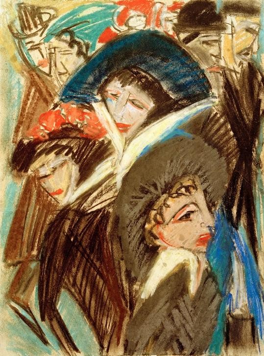 Ernst Ludwig Kirchner, Frauen auf der Straße (Damenhut,Damenmode,Deutsche Kunst,Frau,Kopfbedeckung,Kunst,Mensch,Mode,Stadt,Strassenszene,Verkehr,Hut,Grossstadt,Expressionismus,Die Brücke,Fussgänger,Kleidung (Allgemein),Frauenleben,Fussgängerin,Stadtleben)