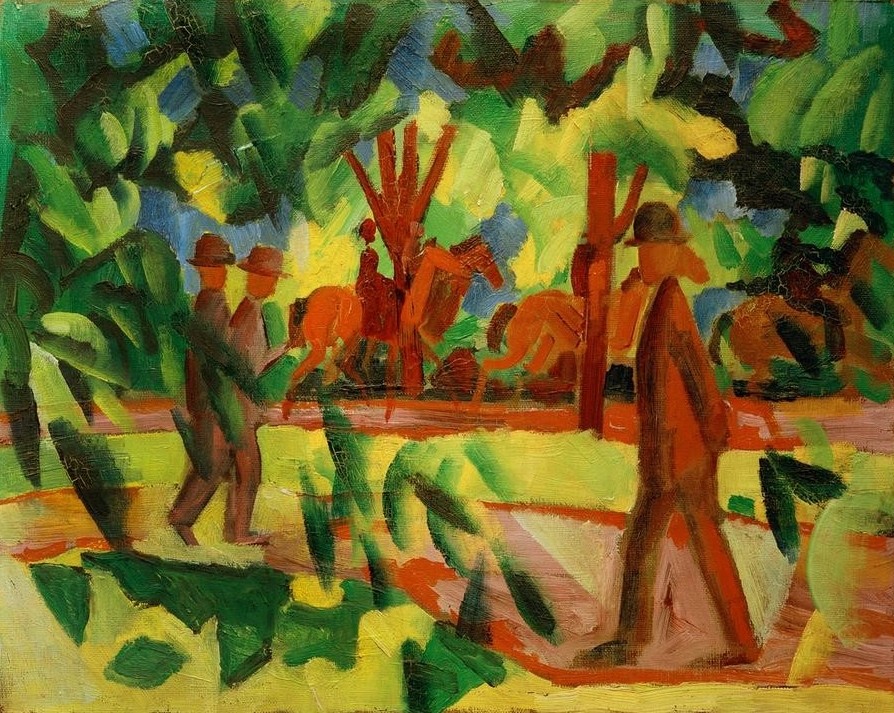 August Macke, Reiter und Spaziergänger in der Allee (Allee,Deutsche Kunst,Garten Und Park,Menschen Im Park,Freizeit,Spaziergang,Strassenszene,Szene,Reiter,Expressionismus,Der Blaue Reiter,Fussgänger,Reiten)