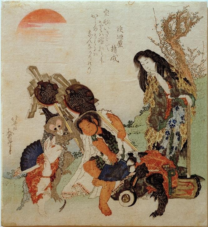Katsushika Hokusai, Die Bergfrau und Kintarô (Affe,Fächer,Frau,Sage,Kind,Kunst,Mutter Und Kind,Mythologie,Tanz,Japanische Kunst,Kraftprotz,Mutter,Mutter Und Sohn,Kind Und Tier,Tierliebe,Hase,Kaninchen,Tier In Menschenrolle,Knabe,Tier,Berg,Kraft,Japanische Mythologie,Chinesische Mythologie)