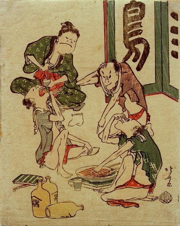 Katsushika Hokusai, Trinkgelage (Alkohol,Karikatur,Kunst,Mann,Völkerkunde,Japanische Kunst,Trinken,Alkoholismus,Herrenrunde,Ausgelassenheit,Unmässigkeit,Männerfreundschaft,Reiswein,Männerleben,Land Und Leute)
