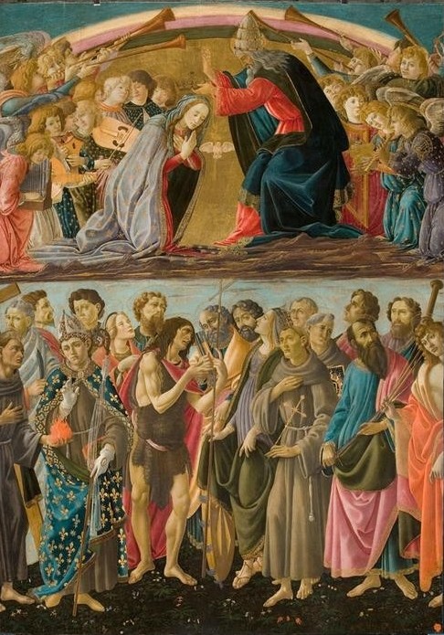 Sandro Botticelli, Krönung Mariä mit Heiligen (Christentum,Engel,Florentinische Kunst,Krönung,Religion,Toskanische Kunst,Renaissance,Neues Testament,Bibel,Altarbild,Marienkrönung,Gottvater,Italienische Kunst,Heiliger,Ornat (Geistlich),Frührenaissance)