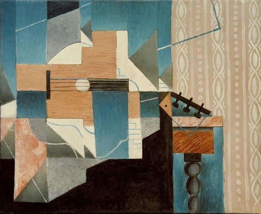 Juan Gris, La guitare sur la table (Gitarre,  Saiteninstrument, Instrument, Tisch, Stillleben, Kubismus, Klassische Moderne, Malerei, Wohnzimmer, Wunschgröße, bunt)