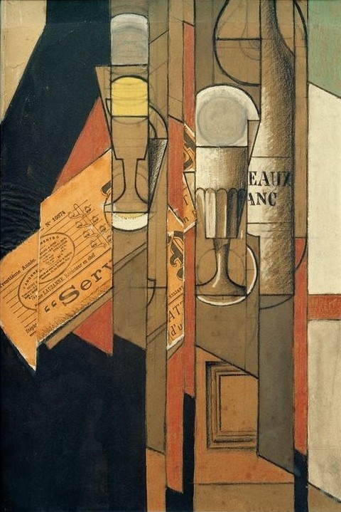 Juan Gris, Bordeaux blanc (Wein, Weinglas, Stillleben, Zeitung, Kubismus, Collage, Klassische Moderne, Malerei, Wohnzimmer, Wunschgröße, bunt)