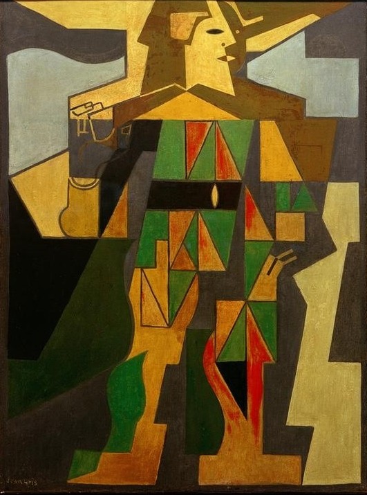 Juan Gris, Arlequin (Commedia Dell'arte, Clown,  Mann, Theater, Kubismus, Spanische Kunst, Harlekin, Klassische Moderne, Malerei, Wohnzimmer, Wunschgröße, bunt)