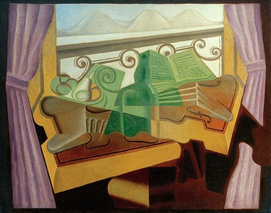 Juan Gris, La fenêtre aux collines (Fenster, Fensterbank,  Saiteninstrument, Instrument, Interieur, Flasche, Spanische Kunst, Vorhang, Stillleben,  Kubismus, Klassische Moderne, Wohnzimmer, Wunschgröße)