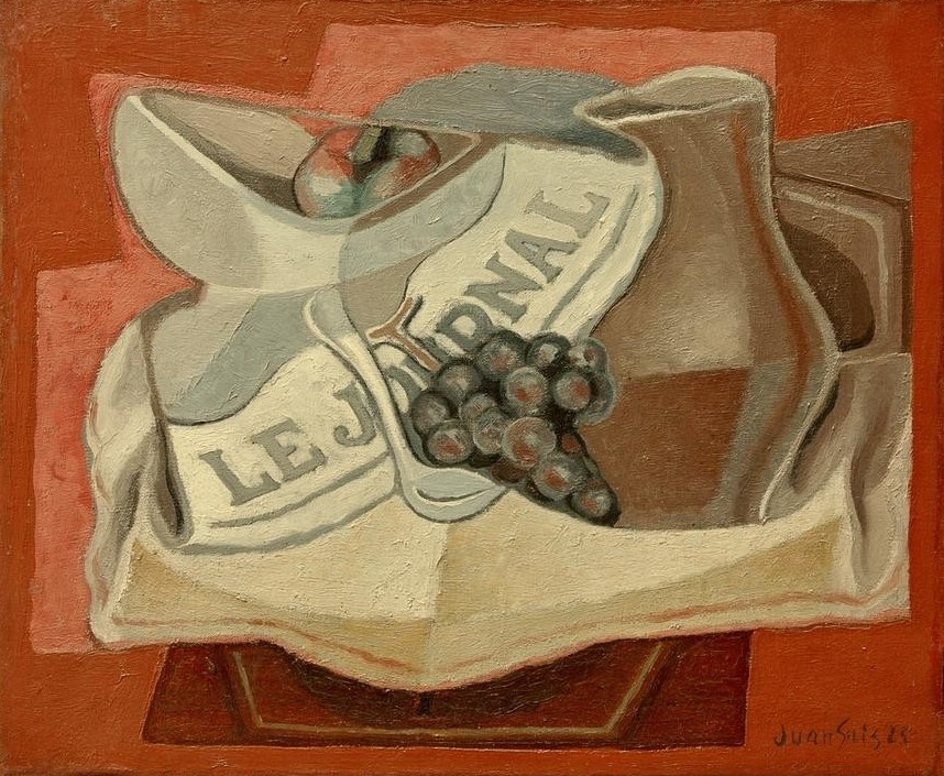 Juan Gris, La grappe de raisins (Obst,Trauben, Zeitung, Schale,  Krug, Stillleben, Kubismus, Klassische Moderne, Wohnzimmer, Küche, Wunschgröße)