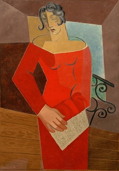 Juan Gris, La chanteuse (Gesang, Mensch, Musikerin, Notenblatt, Sängerin, Dekollete, rotes Kleid,  Klassische Moderne, Kubismus, Wunschgröße, Wohnzimmer)