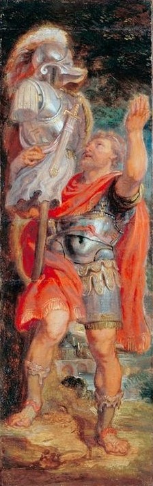 Peter Paul Rubens, Romulus pflanzt eine Trophäe auf (Flämische Kunst,Geschichte,Helm,König,Kunst,Mann,Rüstung (Schutzkleidung),Barock,Trophäe,Antikenrezeption,Brustpanzer,Krieger,Person,Harnisch)
