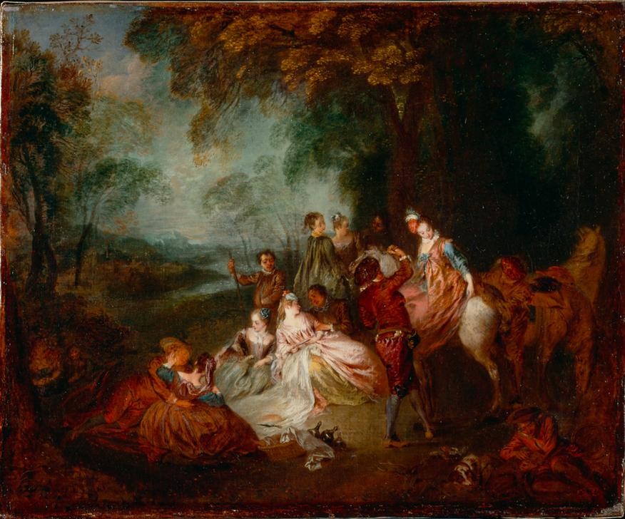 Jean-Antoine Watteau, Fête champêtre (Ausflug,Feste,Flirt,Gesellschaftliches Leben,Gesellschaft,Kunst,Liebe,Liebespaar,Picknick,Volksfest,Barock,Adel,Französische Kunst,Im Freien (Allgemein),Reiterin,Landpartie,Reiten,Geselliges Beisammensein,Picknickkorb)