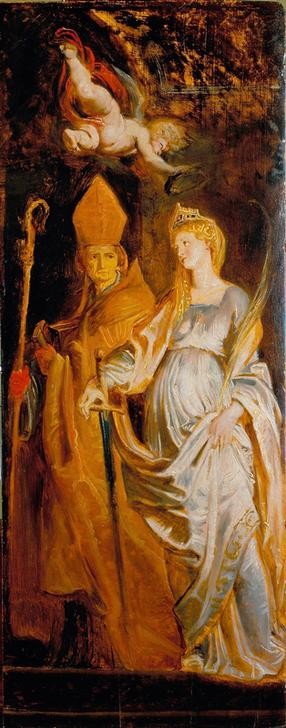 Peter Paul Rubens, Heiliger Amandus und Walburga / Heilige Katharina von Alexandrien und Eligius (Christentum,Flämische Kunst,Bischof,Heilige,Kunst,Religion,Schwert,Barock,Triptychon,Niederländische Kunst,Entwurf,Bischofsstab,Palmzweig,Mitra,Heiliger,Ornat (Geistlich),Kathedrale,Symbolik)