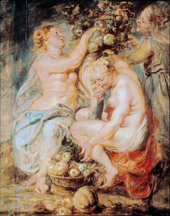Peter Paul Rubens, Ceres und zwei Nymphen mit Füllhorn (Flämische Kunst,Frau,Gruppenbild,Kunst,Mythologie,Obst,Nymphe,Barock,Akt,Niederländische Kunst,Füllhorn,Entwurf,Obstkorb,Griechisch-Römische Mythologie)