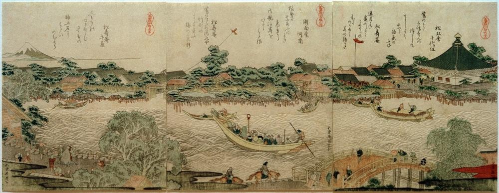 Katsushika Hokusai, Kulthalle des Komagata-Tempels (Boot,Jahreszeiten,Kunst,Landschaft,Pferd (Tier),Schriftzeichen,Tempel,Japanische Kunst,Stein,Frühling,Fluss,Triptychon,Felsen,Japanische Schrift)