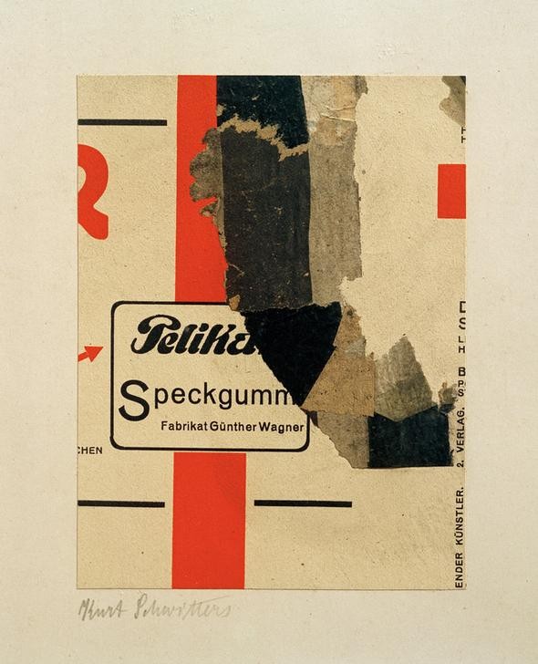 Kurt Schwitters, Ohne Titel (Speckgummi) (Abstraktion, Collage, Werbung, Pelikan, Papierschnipsel, Dadaismus, Klassische Moderne,  Wohnzimmer, Wunschgröße,  grau/rot)