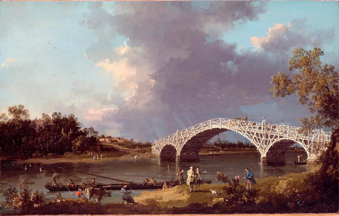 Giovanni Antonio Canaletto, Ansicht der Walton Bridge (Architektur, Fluss, Themse, England, Brücke, Brückenbau, Gerüst, Landschaftsmalerei, Wunschgröße, Malerei,  Klassiker, Wohnzimmer, bunt)