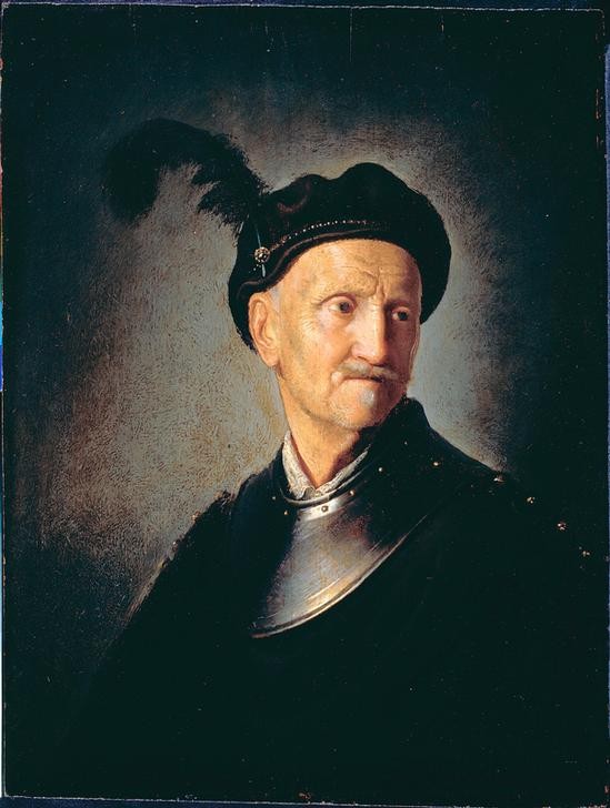 Rembrandt Harmenszoon van Rijn, Mann in Harnisch (Kunst,Mann,Mensch,Rüstung (Schutzkleidung),Barock,Schnurrbart,Portrait,Niederländische Kunst,Kappe (Kopfbedeckung),Brustpanzer,Alter Mann,Halbprofil,Hutfeder,Imitation)