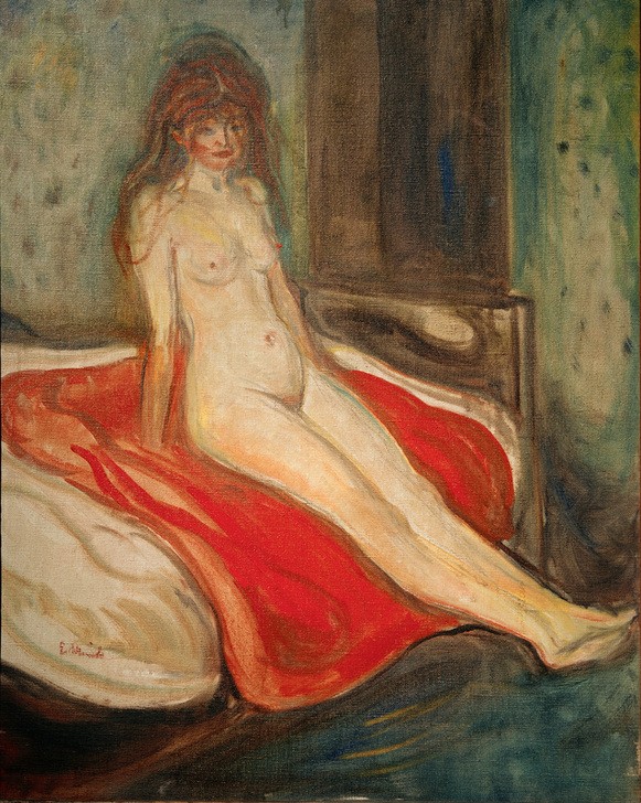 Edvard Munch, Mädchenakt auf rotem Tuch (Bett,Frau,Jugendstil,Kunst,Mädchen,Akt,Expressionismus,Norwegische Kunst,Sitzen,Jahrhundertwende,Junge Frau,Skandinavische Kunst,Ganzfigurig)