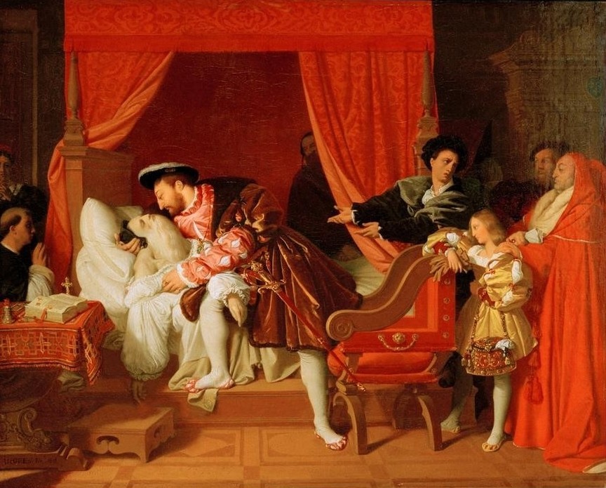 JEAN-AUGUSTE-DOMINIQUE INGRES, François Ier reçoit les derniers soupirs de Léonard de Vinc (Künstlerleben,Künstler,Szene,Tod,Klassizismus,Künstler Und Fürst,Französische Kunst,Sterben,Sterbebegleitung,Person)