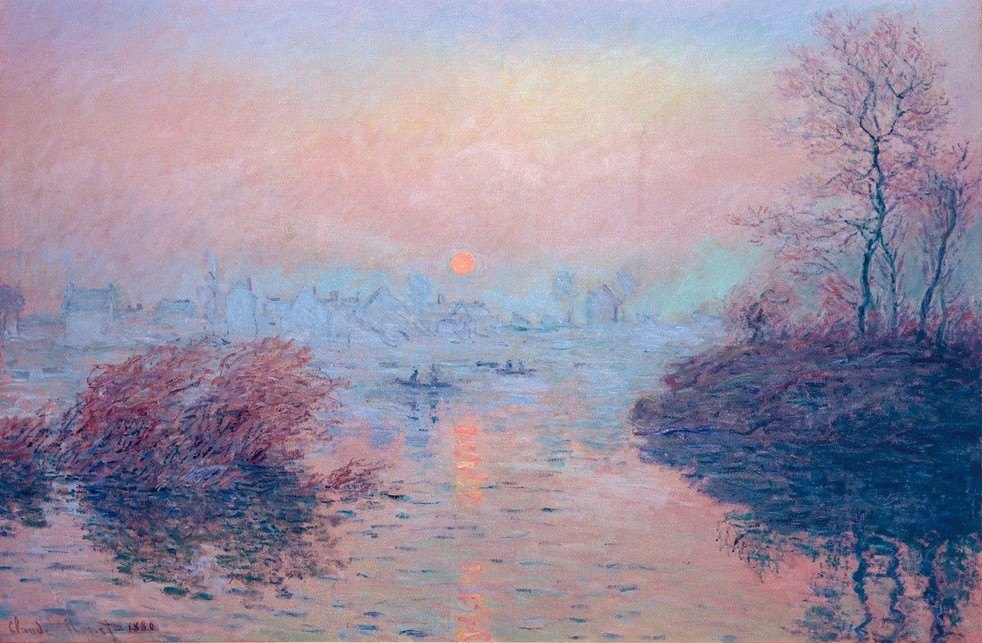 Claude Monet, Soleil couchant sur la Seine à Lavacourt, effet d’hiver (Jahreszeiten,Landschaft,Sonnenuntergang,Winter,Impressionismus,Fluss,Französische Kunst)