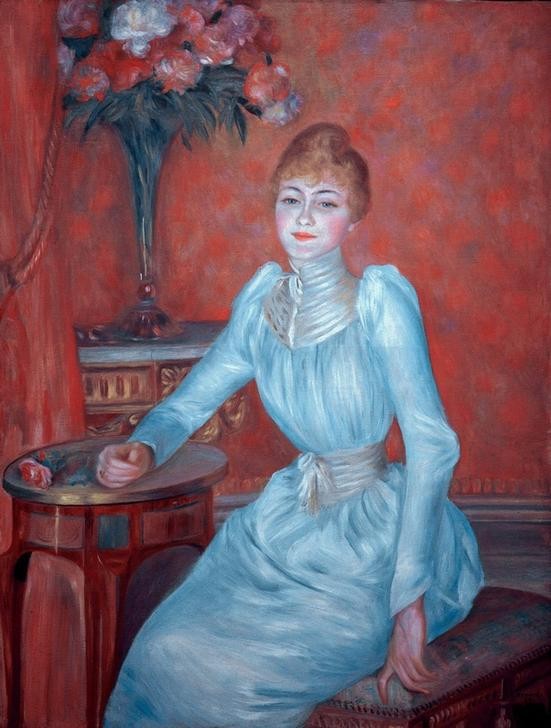 Pierre-Auguste Renoir, Porträt Madame de Bonnières (Damenmode,Frau,Mode,Impressionismus,Portrait,Adel,Französische Kunst,Sitzen,Person)