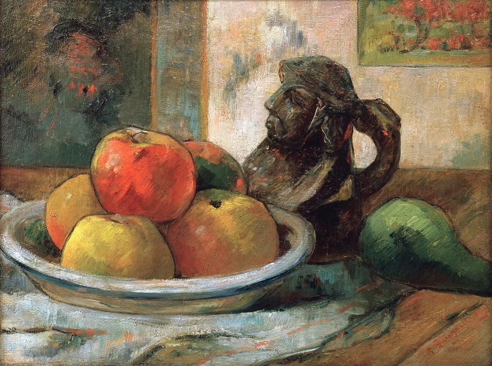 Paul Gauguin, Nature morte avec pommes, une poire et une cruche en forme (Apfel,Kunst,Obst,Nahrungsmittel,Stillleben,Französische Kunst,Birne,Synthetismus,Skulptur Im Bild)