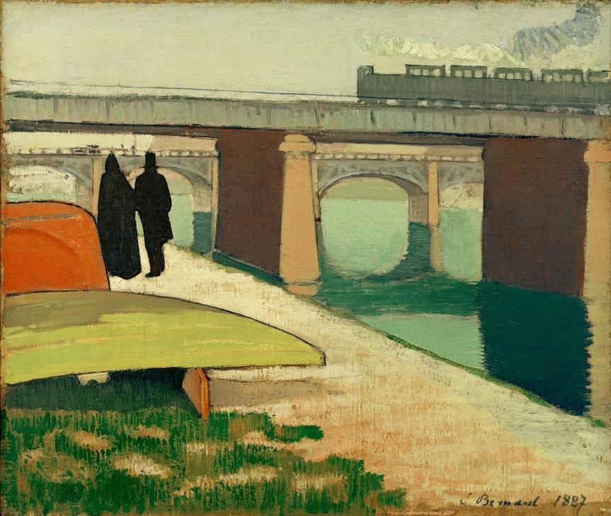 Emile Bernard, Le Pont d’Asnières (Architektur, Brücke, Eisenbahnbrücke, Eisenbahn, Fluss, Architekturdarstellung,  Fussgänger, Ufer, Malerei, Cloisonismus, Klassische Moderne, Wohnzimmer, Wunschgröße, bunt)