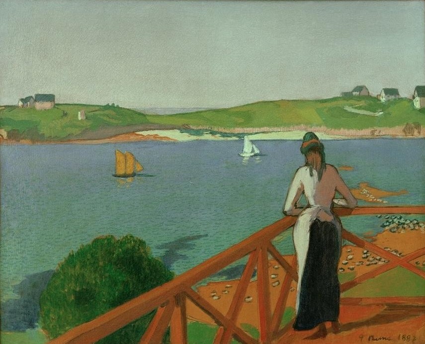 Emile Bernard, Aprèsmidi à Saint-Briac (Frau, Nachmittag, Spaziergang,  Landschaft, Tageszeiten,  Meer, Segelboot, Bucht,  Malerei, Cloisonismus,Klassische Moderne, Wohnzimmer, Wunschgröße, bunt)