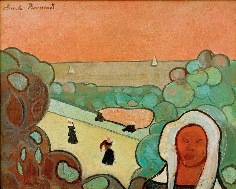 Emile Bernard, Promenade à Saint-Briac (Frau, Tracht, Haube, Landschaft, Frankreich, Meer, Horizont, Schule von Pont-Aven,  Malerei, Cloisonismus, Klassische Moderne, Wohnzimmer, Wunschgröße, bunt)