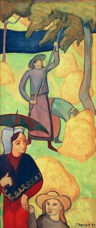 Emile Bernard, Le Gaulage des pommes (Apfel, Ernte, Herbst, Jahreszeiten, Obstbau, Obst, Obsternte,Landwirtschaft, Malerei, Cloisonismus, Klassische Moderne, Wohnzimmer, Esszimmer, Wunschgröße, bunt)