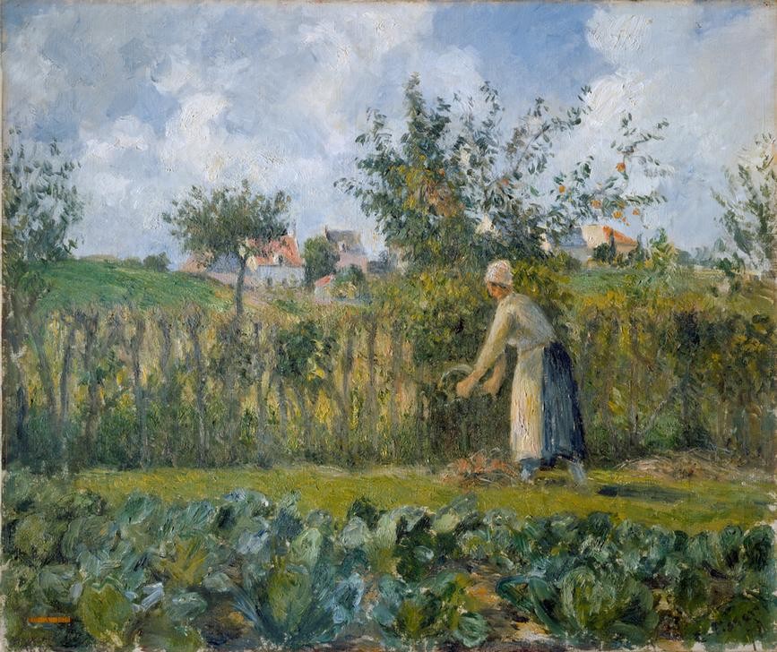 Camille Pissarro, Im Gemüsegarten (Frau,Garten Und Park,Gemüse,Kunst,Landschaft,Gemüsegarten,Impressionismus,Gartenarbeit,Französische Kunst,Landleben,Menschen Im Garten,Spalier,Gemüseanbau,Landbevölkerung,Garten)