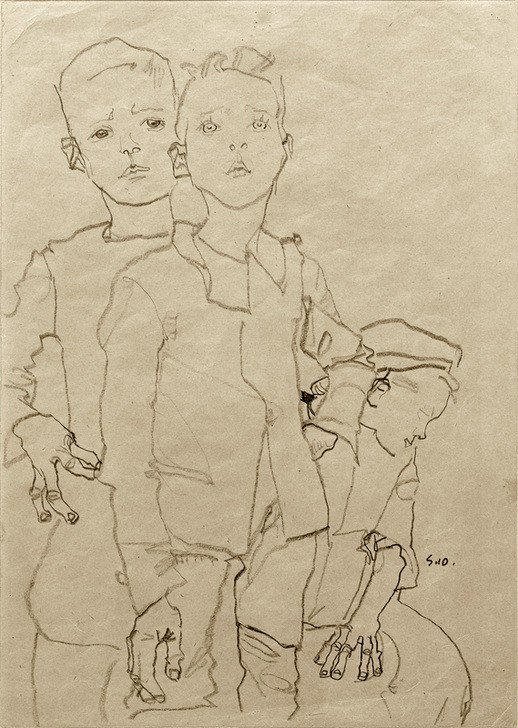 Egon Schiele, Drei Gassenbuben (Gruppenbild,Kind,Kunst,Mensch,Hand,Portrait,Expressionismus,Österreichische Kunst,Knabe,Blick Aus Dem Bild,Kniestück,Blick (Allgemein))