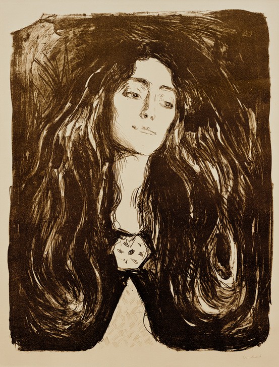 Edvard Munch, Die Brosche. Eva Mudocci (Frau,Jugendstil,Kunst,Mensch,Schmuck,Portrait,Norwegische Kunst,Geigerin,Brosche,Musikerin,Langes Haar,Jahrhundertwende,Skandinavische Kunst,Brustbild)