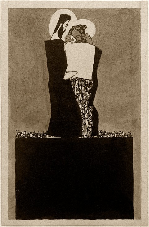 Egon Schiele, Zwei Männer mit Nimben (Christentum,Heilige,Kunst,Mann,Mensch,Religion,Bart,Expressionismus,Umarmung,Österreichische Kunst,Heiligenschein,Heiliger)