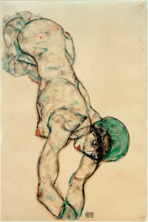 Egon Schiele, Frauenakt mit grüner Haube (Frau,Kopfbedeckung,Kunst,Akt,Expressionismus,Haube,Österreichische Kunst,Grün)