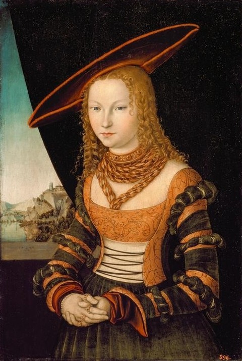 Lucas Cranach der Ältere, Bildnis einer jungen Frau (Portrait, june Frau, Eleganz, Adel, Damenhut, Damenmode, Schmuck, Halskette, Adel,  Klassiker, Renaissance, Wunschgröße, Wohnzimmer)